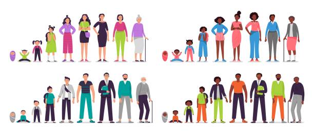 Different ages people characters. Little baby, boy and girl kids, african teenagers, adult man and woman, old seniors. People generations vector illustration set. Male and female life cycle stages Different ages people characters. Little baby, boy and girl kids, african teenagers, adult man and woman, old seniors. People generations vector illustration set. Male and female development stages baby human age stock illustrations