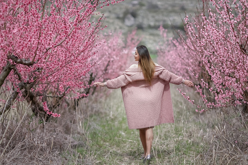 A woman in a long tight dress walks down a row between peach trees with a blossom tree.