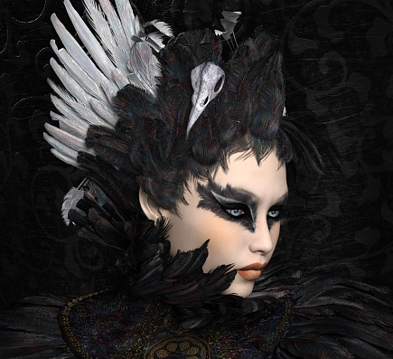Gothic portait of a woman with a scary make up and feathers – 3D render
