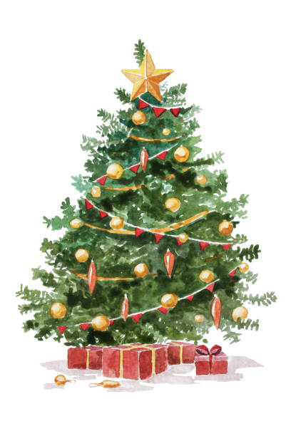 illustrazioni stock, clip art, cartoni animati e icone di tendenza di biglietto d'auguri con albero sempreverde decorato e regali in acquerello - christmas design christmas tree paintings