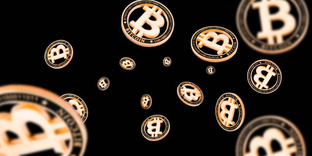 istock Ethereum, Golden Bitcoins isolated on black. Cryptocurrency background. Falling Litecoin 1195026441