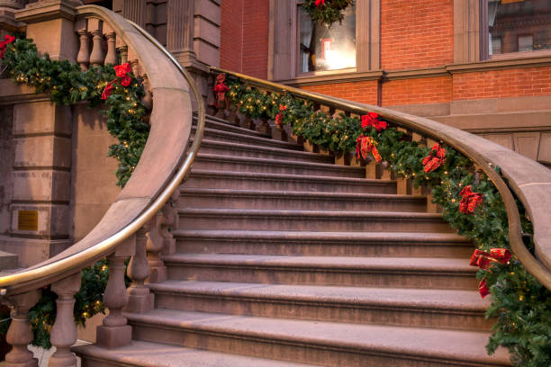 Christmas decorated staircase stock photo