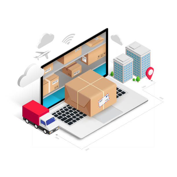 Delivery isometric concept storage in laptop Delivery service online isometric concept with storage in laptop, parcel box, truck, buildings isolated on white background. Logistic advert 3d design. Vector illustration for web, banner, mobile app importing stock illustrations