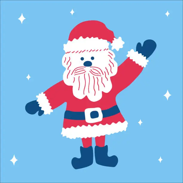 Vector illustration of Christmas traditional cute cartoon character Santa Claus welcomes with raised hand on a blue background with snowflakes. Vector illustration, in scandinavian doodle style, square format