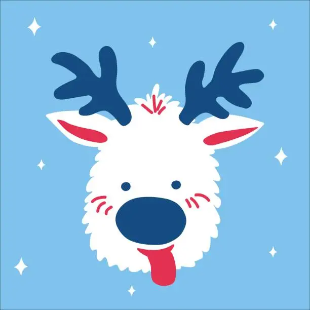 Vector illustration of Cute Christmas deer with its tongue hanging out on a blue background with snowflakes in scandinavian doodle style. Vector illustration, one simple bright object, square format for social media