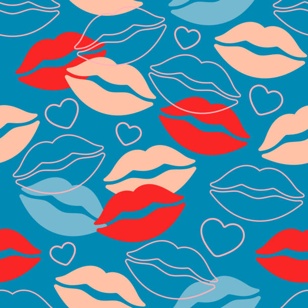 lippen herzen nahtlose muster auf blau. moderne jugend-illustration zum valentinstag. - lipstick kiss stock-grafiken, -clipart, -cartoons und -symbole