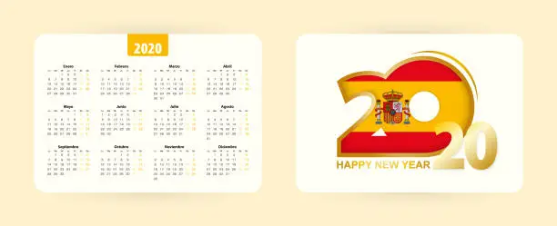 Vector illustration of Spanish pocket calendar 2020. Happy new 2020 year icon with flag of Spain.
