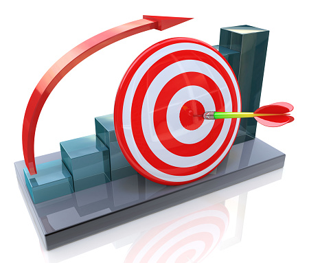 Business graph with rising arrow and red target in the design of information related to the business and success. 3d illustration