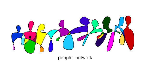 people network concept, crowd of vivid colored people connected with one  line, vector art illustration