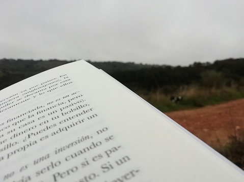 Book as a close-up with landscape end with mountains, cloudy day.