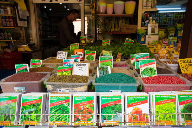 Istanbul, Turkey - September 19th 2019. A stall selling vegetable seeds in the exterior part of the Egyptian Spice Bazaar, also known as Misir Carsisi, in Eminonu in the Fatih district of Istanbul