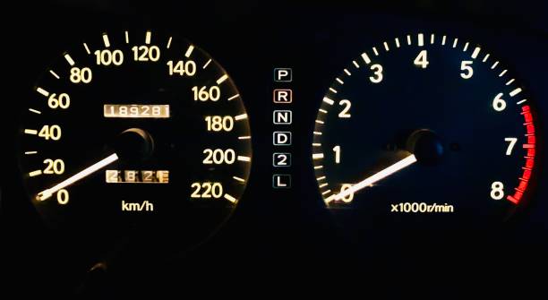 istock Arrows at night, red light with speedometer, tachometer and other tools to check the condition of cars in modern style on isolated black backgrounds 1195050125