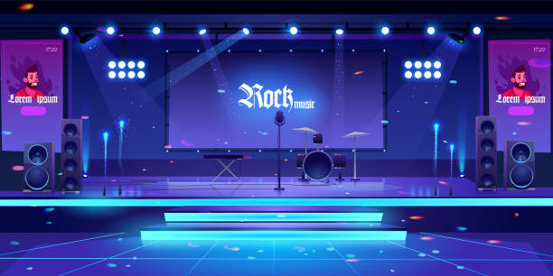 Stage with rock music instruments and equipment Stage with rock music instruments, popular singer banners, equipment and illumination, empty scene interior with drums, synthesizer, microphone, dynamics lights and screen. Cartoon vector illustration stage stock illustrations