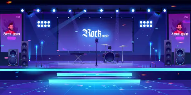 Vector illustration of Stage with rock music instruments and equipment