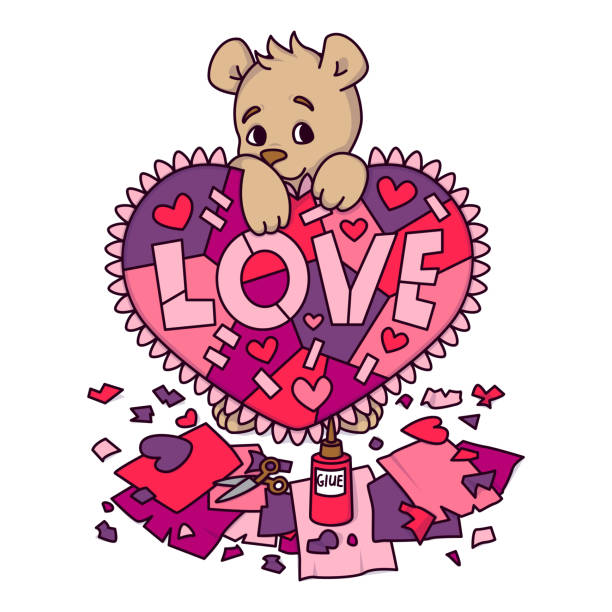 ilustraciones, imágenes clip art, dibujos animados e iconos de stock de tarjeta de felicitación del día de san valentín con oso de peluche con corazón de álbum de recortes. tarjeta de felicitación del 14 de febrero con corazón. ilustración vectorial aislada sobre fondo blanco. impresión para invitaciones, postal. - invitation postcard scrapbook day