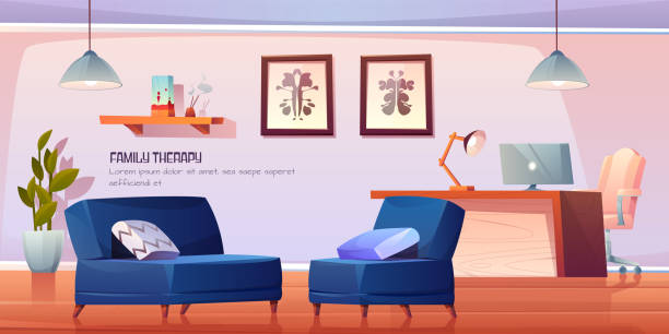 Psychologist office for family therapy in clinic Psychologist, psychotherapist office with stuff and furniture for family therapy, practitioner cabinet in clinic with table, couches with pillows, rorschach test on wall. Cartoon vector illustration pareidolia stock illustrations