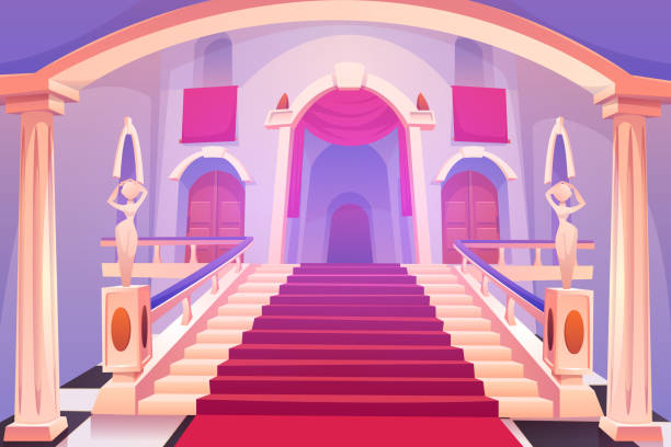 Castle staircase, upward stairs in palace entrance Castle staircase, upward stairs in palace entrance with statues, red rag and wooden doors, medieval architecture design, empty fantasy or historical building hall interior. Cartoon vector illustration fantasy castle interior stock illustrations