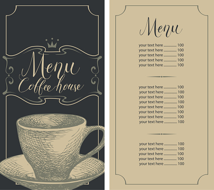 Vector menu for coffee house with price list, hand-drawn Cup and handwritten inscriptions in a figured frame in retro style