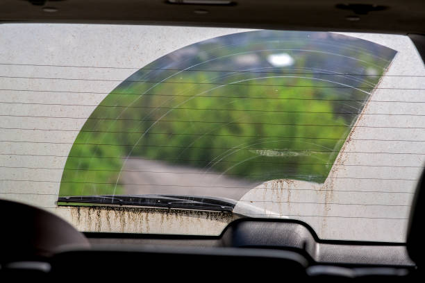 istock dirty car back window in the dust view from inside the car through wiped glass. 1195053818