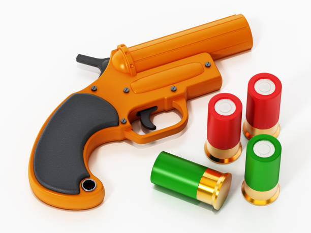 Flare gun and spare shells isolated on white.