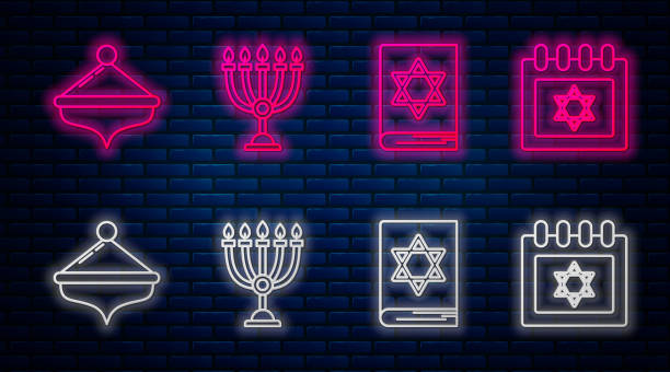 illustrations, cliparts, dessins animés et icônes de ligne hanukkah menorah, livre de torah juif, hanukkah dreidel et calendrier juif avec étoile de david. icône brillante de néon sur le mur de brique. vecteur - alphabet brick construction toy