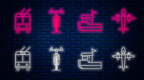 Vector illustration of Set line Bicycle, Fishing boat, Trolleybus and Old retro vintage plane. Glowing neon icon on brick wall. Vector