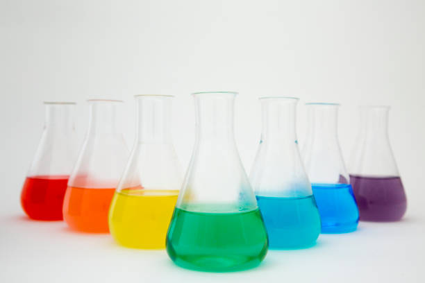 Scientific laboratory glass erlenmeyer flask filled with colorful liquid forming rainbow on white background.