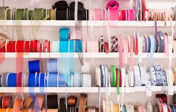 istock Colorful ribbons on store showcase 1195071640