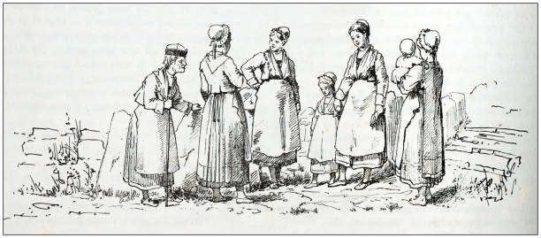 Antique illustration of people and places of the Italian Alps, Valsesia, Piedmont: Alagna traditional costume Antique illustration of people and places of the Italian Alps, Valsesia, Piedmont: Alagna traditional costume roberto alagna stock illustrations