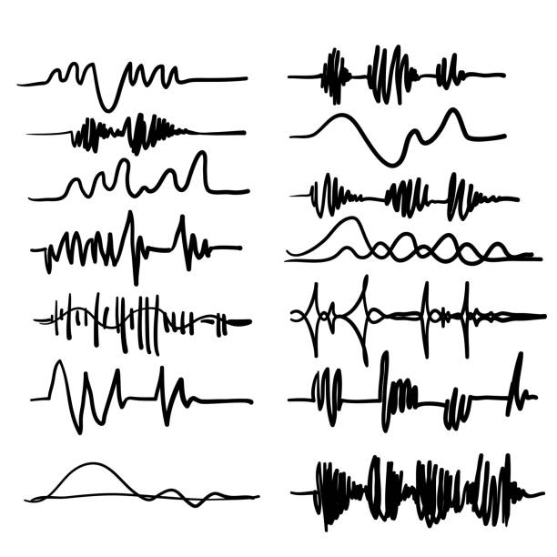 ilustraciones, imágenes clip art, dibujos animados e iconos de stock de ondas sonoras negras. frecuencia de audio de la música, forma de onda de la línea de voz, señal de radio electrónica, símbolo de nivel de volumen dibujado a mano estilo de dibujos animados de garabatos - wind instrument audio