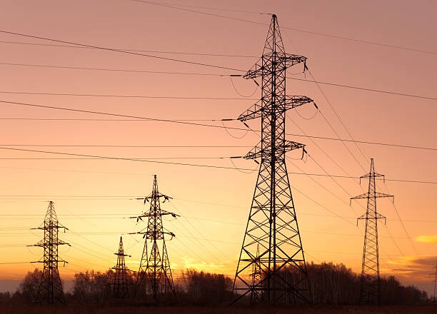 istock Electricity pylons and lines at dusk. 119507810
