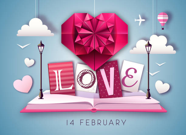 Open fairy tale book with valentine love heart. Happy Valentine`s day background. Cut out paper art style design Open fairy tale book with valentine love heart. Happy Valentine`s day background. Cut out paper art style design happy valentines day book stock illustrations