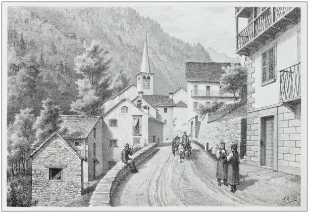 ilustrações de stock, clip art, desenhos animados e ícones de antique illustration of people and places of the italian alps, valsesia, piedmont: fobello - illustration and painting landscape old fashioned antique