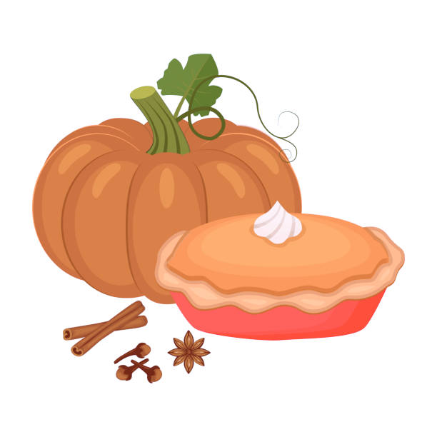 伝統的なアメリカの自家製パンプキンパイの上にホイップクリームと全体のカボチャの野菜とスパイスベクターイラストは、白い背景に分離されています。 - white backgrounds thanksgiving pumpkin点のイラスト素材／クリップアート素材／マンガ素材／アイコン素材