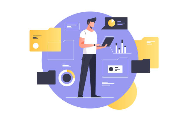 Electronic document management Electronic document management vector illustration. Man with laptop flat style design. Documents flow and processing. Computer archive and information database. Data network flow concept manager designs stock illustrations