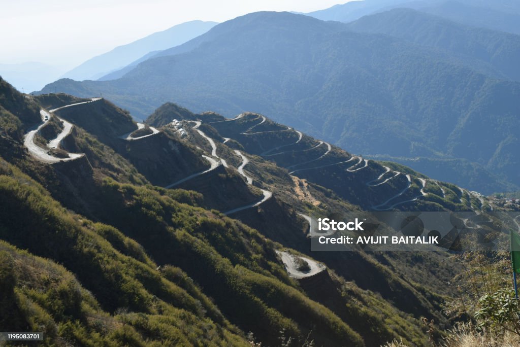 Silk route of sikkim,India connect China The thambi view point near Zuluk,sikkim,India famous to see zigzag road of old silk route ,Situated at an altitude of 11200 feet also famous to view the kanchanjungha Beauty Stock Photo