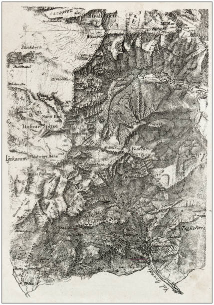 ilustrações de stock, clip art, desenhos animados e ícones de antique illustration of people and places of the italian alps, valsesia, piedmont: map of monte rosa - illustration and painting landscape old fashioned antique