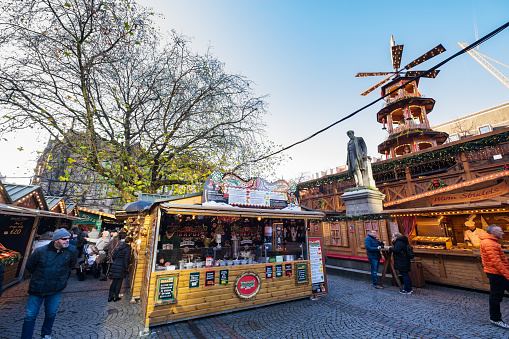 Manchester, United Kingdom - November 29, 2019: Christmas Markets in Albert Square near the Town Hall of Manchester in the nortwest of England