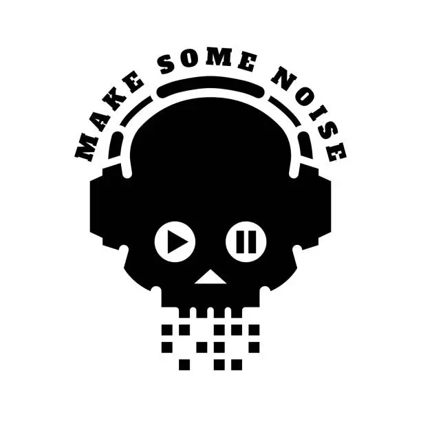 Vector illustration of Skull in headphones, make some noise. Sign