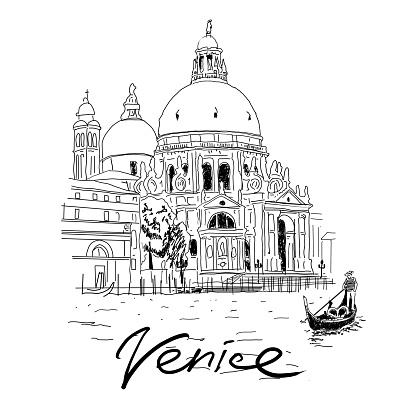 Santa Maria della Salute church on Grand Canal in Venice, Italy. Hand drawn sketch illustration