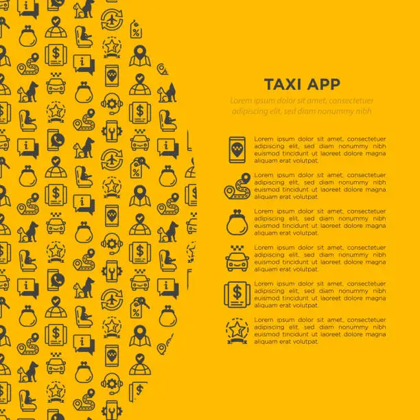 Vector illustration of Taxi app concept with thin line icons: payment method, promocode, app settings, info, support service, phone number, route, destination, airport transfer, baby seat. Vector illustration.