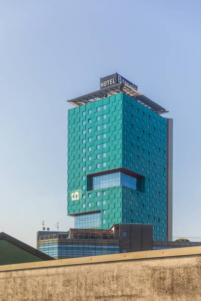 Milan, Italy - Apr 17, 2019: view from highway on the Barcelo Hotel in Milan