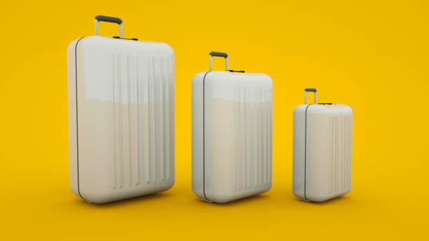 istock Travel concept. Three various sizes suitcases isolated on yellow background. 3d illustration 1195092073