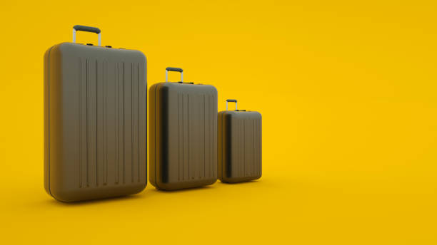 istock Three suitcases isolated on yellow background, 3d illustration 1195092181