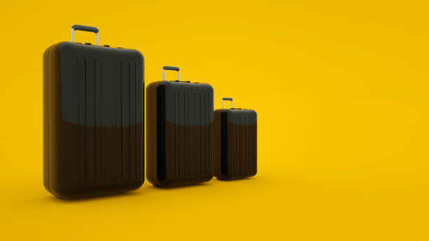 istock Travel concept. Three various sizes suitcases isolated on yellow background. 3d illustration 1195092767