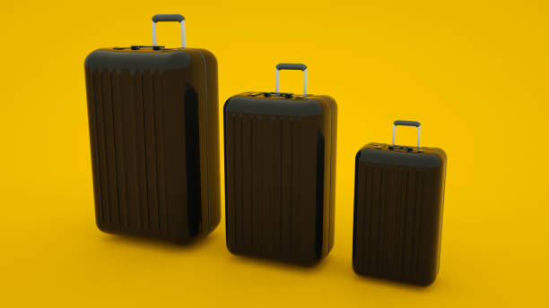 istock Three suitcases isolated on yellow background, 3d illustration 1195093448