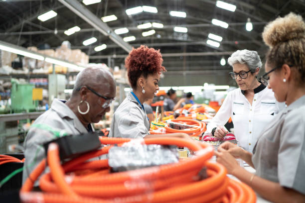 istock Employees working in a new project in a factory 1195097497
