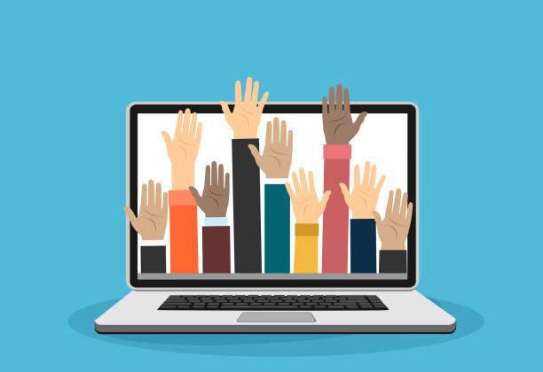Raised hands volunteering out from laptop vector concept Raised hands volunteering out from laptop vector concept arms raised illustrations stock illustrations