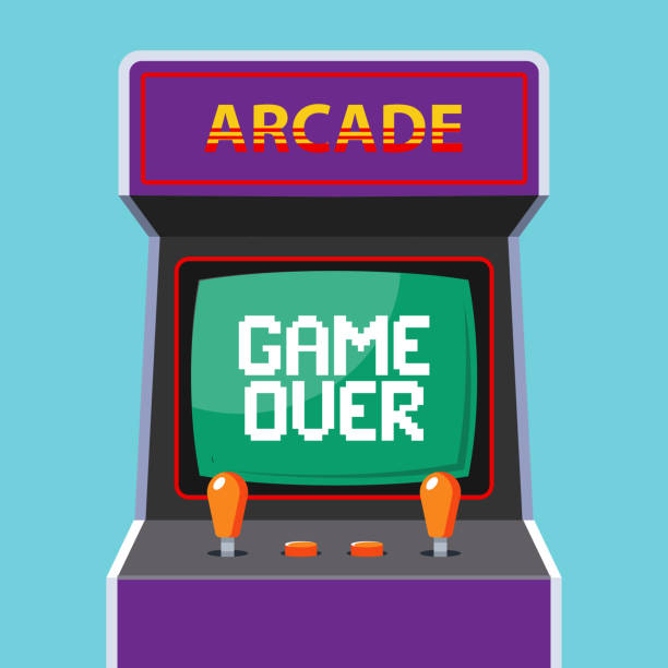 ilustrações de stock, clip art, desenhos animados e ícones de arcade machine in the background. green monitor with the word game over - retro revival video game joystick gamer