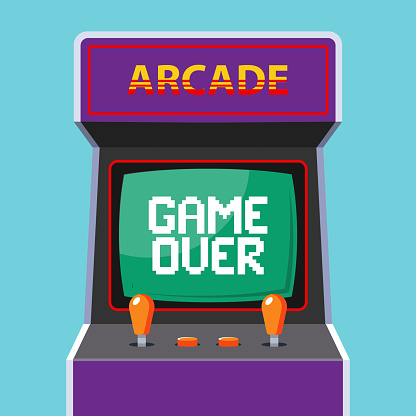 arcade machine in the background. green monitor with the word game over. flat vector illustration